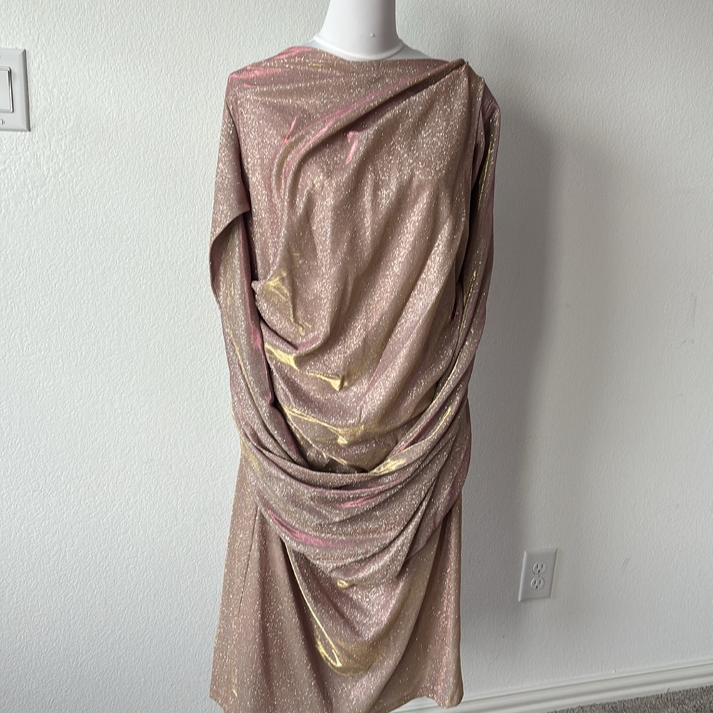 Betsy & Adam Gold and Pink Ruched Sheath Midi Dress - Picture 11 of 14